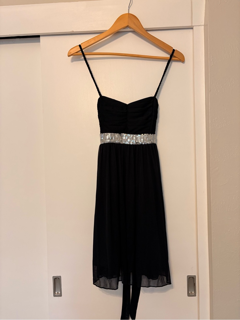 Black Sequin-Waist Spaghetti Strap Dress